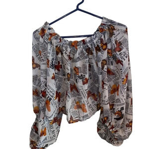 Sheer Chiffon Butterfly newspaper print poof sleeve blouse orange white Boho